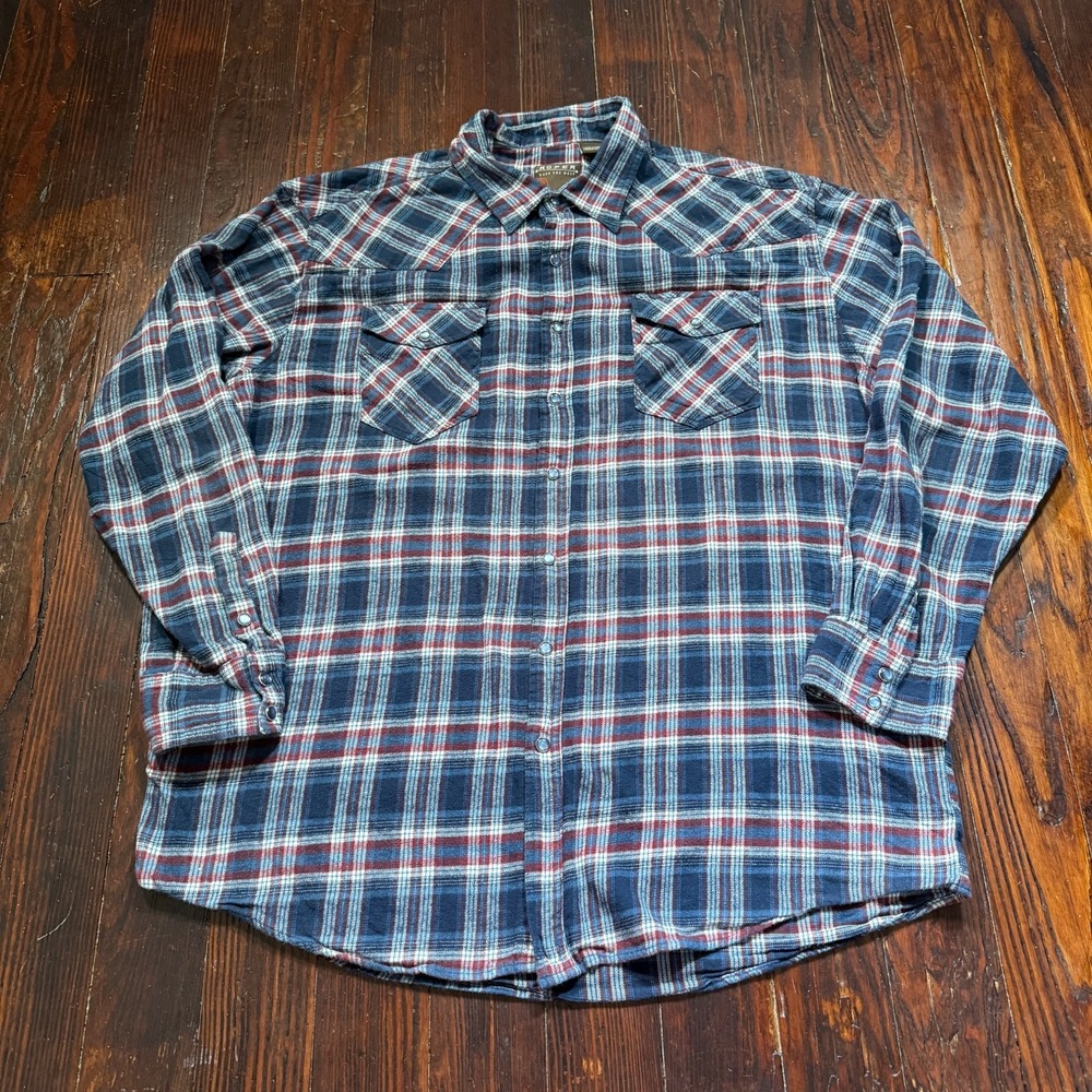 Roper Flannel Shirt Mens 2XL Blue Red White Plaid Pearl‎ Snap Western Cowboy